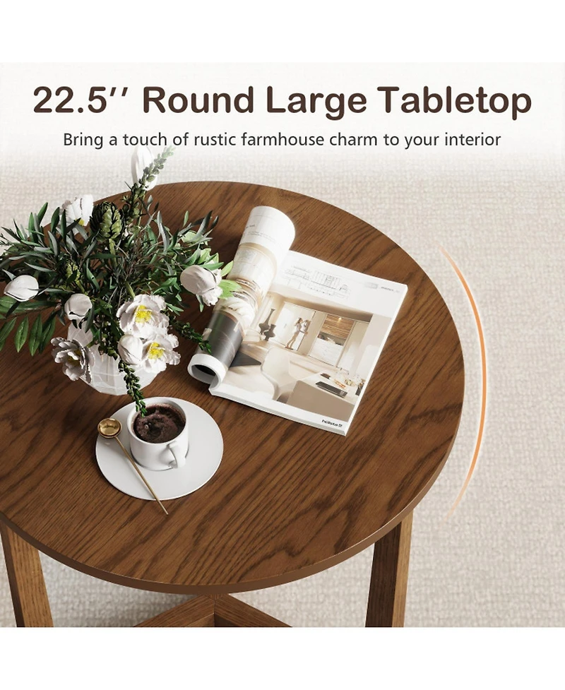 Sugift 22.5 in Round Farmhouse Side Table with Rubber Wood Legs and Triangular Structure