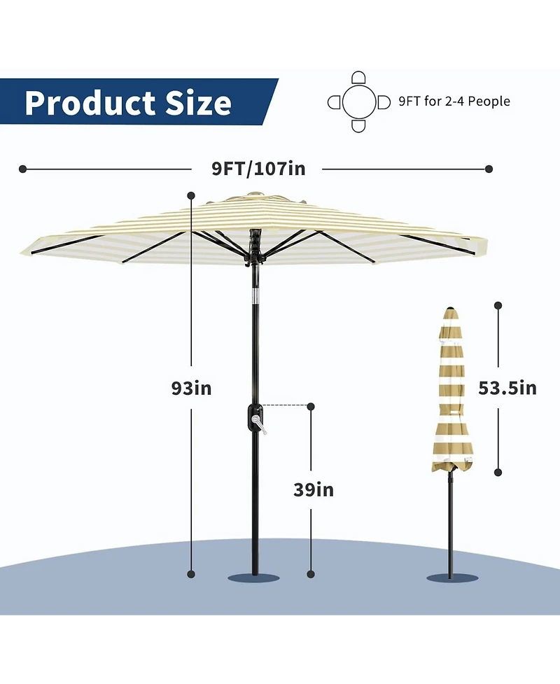 homfan 9 ft Patio Umbrella, Outdoor Market Umbrella with Push Button Tilt and Crank, 8-Rib Iron Frame
