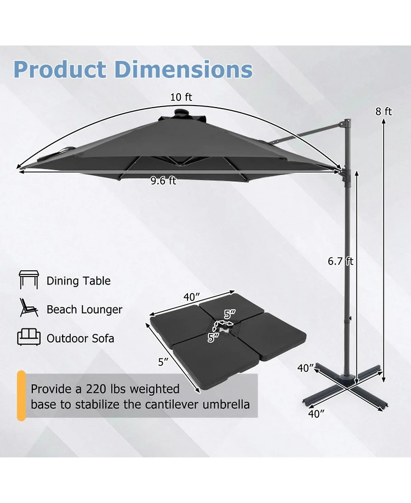 Gouun 10 Feet Patio Cantilever Umbrella with Foot Pedal Rotation and Led