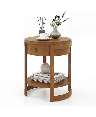 Sugift 2-Tier Round End Table Mid-Century Modern Nightstand with Drawer and Shelf