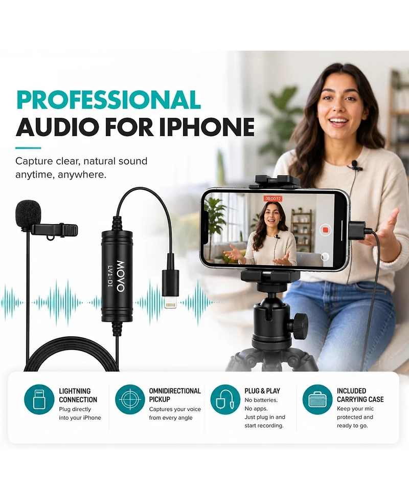 Movo LV1-di MFi Certified Lightning Omnidirectional Lavalier Microphone with 20-Foot Cable for iPhone and iPad