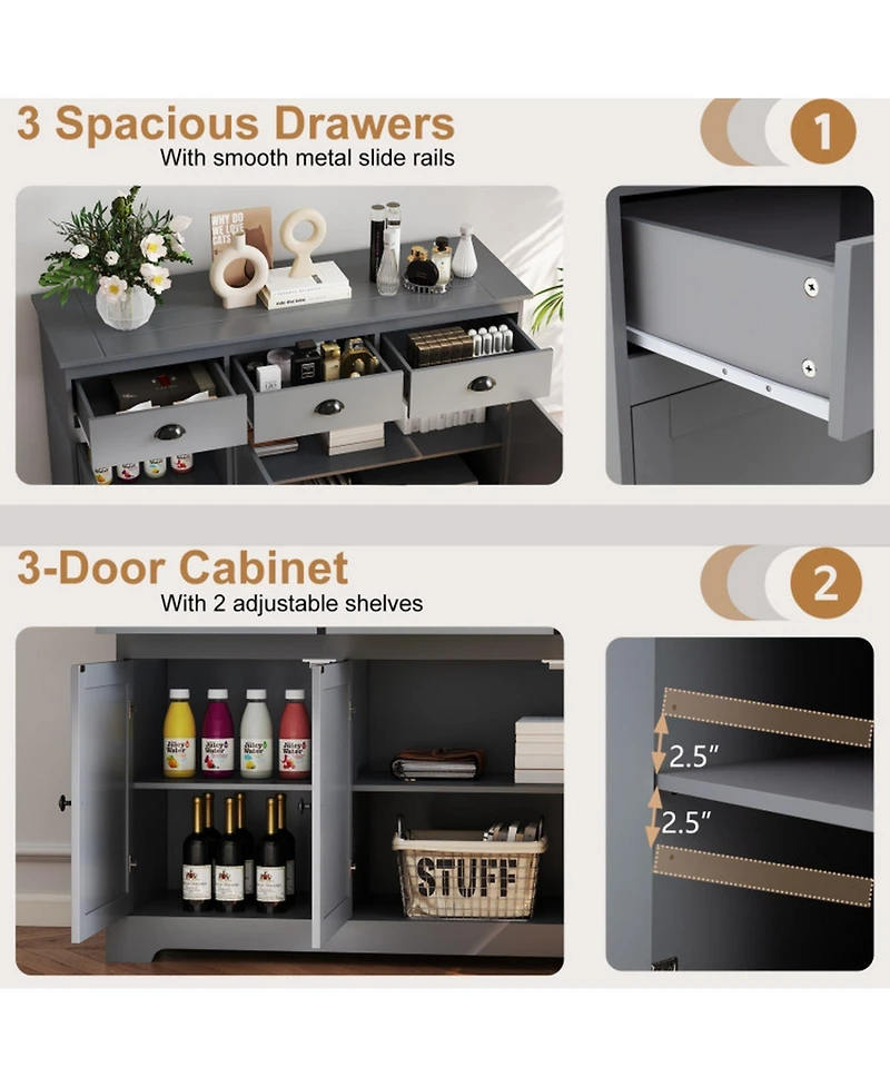 Sugift 3 Drawer Sideboard Buffet Storage Cabinet with Adjustable Shelves