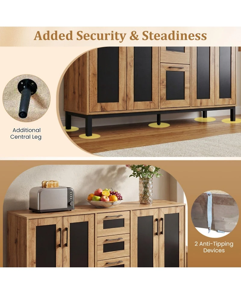 Sugift 63 Inch Sideboard Buffet Cabinet with 3 Drawers and Storage Shelves