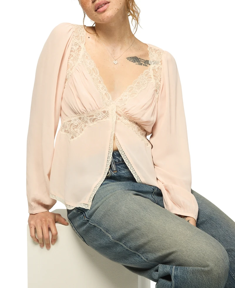 Lucky Brand Women's Long Sleeve Lace Cutaway Top