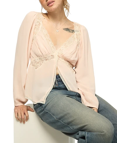 Lucky Brand Women's Long Sleeve Lace Cutaway Top
