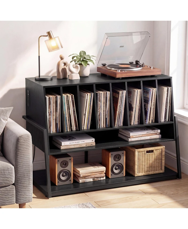 Sugift Turntable Stand with Charging Station and 8 Vinyl Storage Shelves