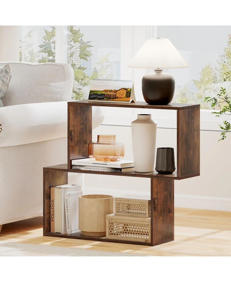 Sugift 3-Tier Geometric Wooden Bookcase with 2 Cubic Compartments Freestanding Bookshelf
