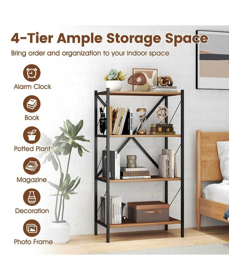 Sugift 4-Tier Bookshelf with Heavy-Duty Metal Frame and X-Braced Reinforcement