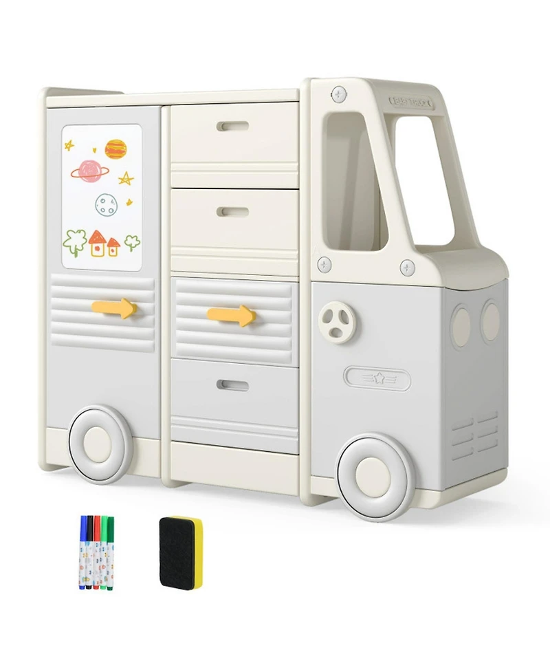 Sugift Kids Bus-Shaped Toy Storage Organizer Children Cabinet with 4 Pull-out Drawers and Whiteboard