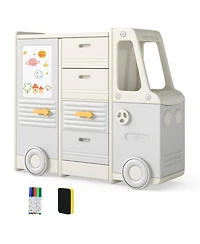 Sugift Kids Bus-Shaped Toy Storage Organizer Children Cabinet with 4 Pull-out Drawers and Whiteboard