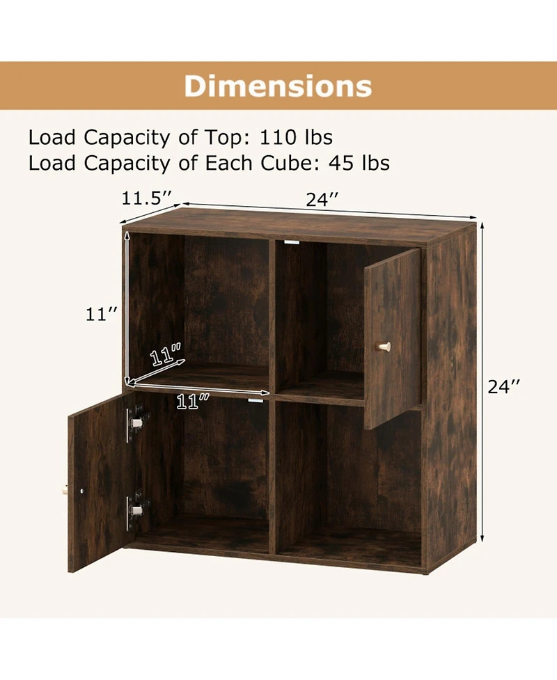 Sugift 4-Cube 3-Tier Bookcase Bookshelf with 2 Cabinets and Dual Anti-Tipping Kits