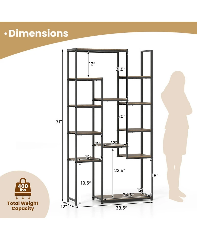 Sugift 71 Inch Tall Vintage Geometric Bookshelf with 12 Open Shelves