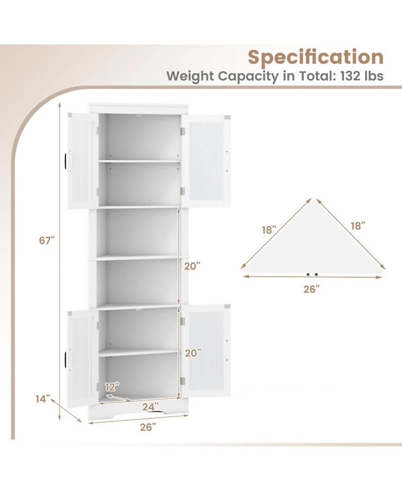 Sugift 67 Inch Tall Triangular Corner Buffet Cabinet with Tempered Glass Doors and 6-Tier Storage