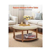 Slickblue Round Tufted Ottoman Coffee Table with Wooden Shelf, Linen Upholstered Accent Table