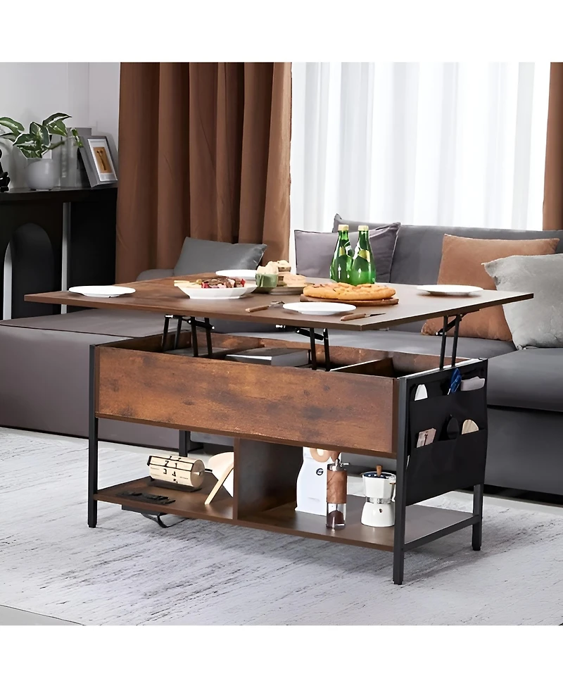 Slickblue Rectangle Lift Top Coffee Table with Charging Station, Hidden Storage and Ambient Led Lights