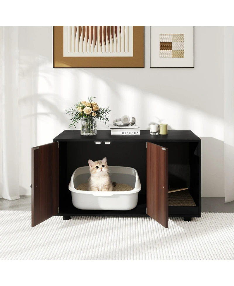 Sugift Wooden Cat Litter Box Enclosure Hidden Litter Box Furniture with Scratching Board
