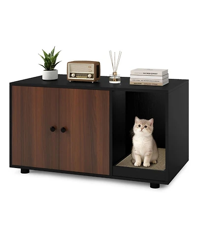 Sugift Wooden Cat Litter Box Enclosure Hidden Litter Box Furniture with Scratching Board