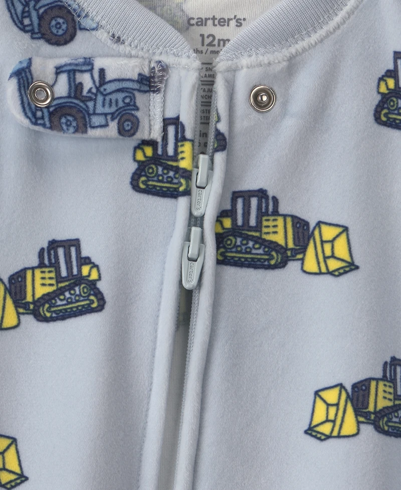 Carters Baby Boys' Construction 2-Way Zip Dream Plush Snug-Fit Footed Pajama