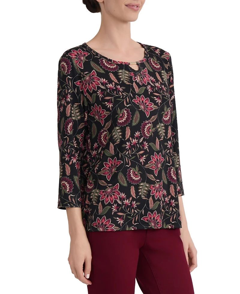 Jones New York Women's Floral-Print Keyhole Neck 3/4-Sleeve Top