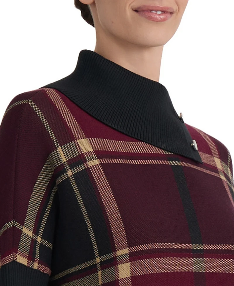 Jones New York Women's Plaid Split-Neck Poncho Sweater