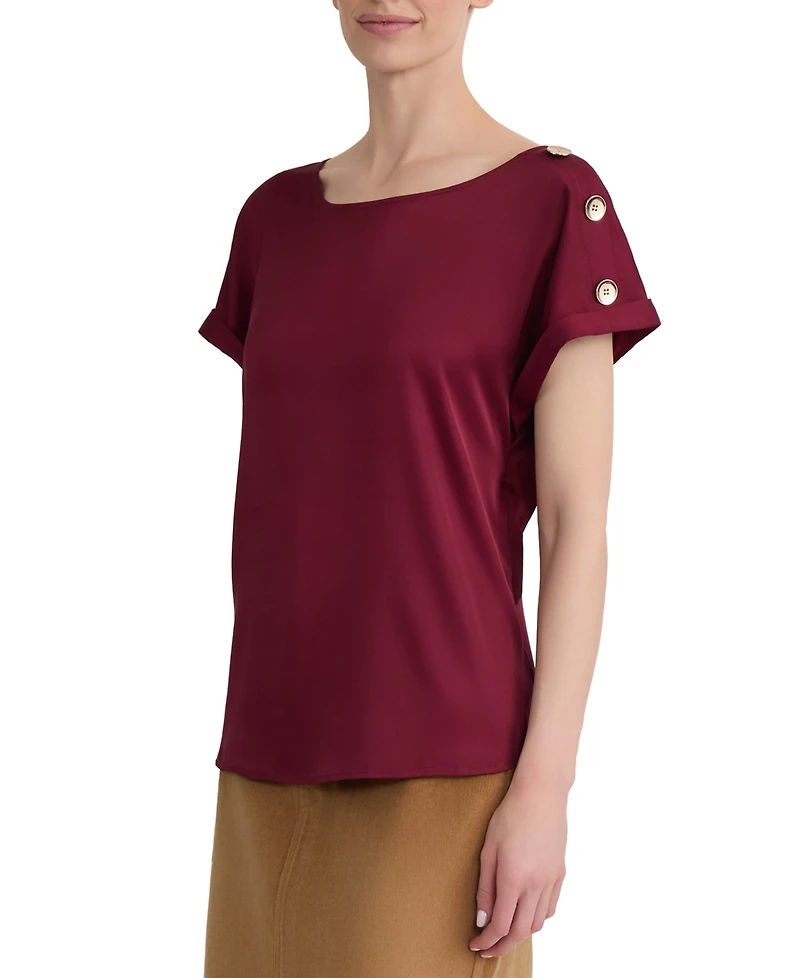 Jones New York Women's Montreal Satin Shoulder Button Detail Blouse