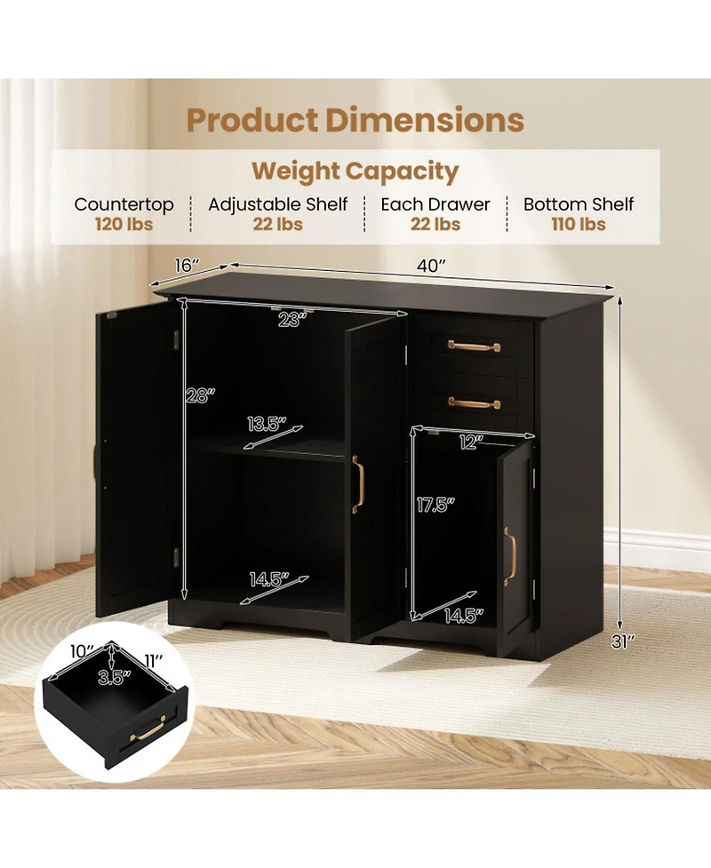 Sugift 40 Inch Modern Kitchen Sideboard Buffet Cabinet with 2 Drawers and Adjustable Shelf
