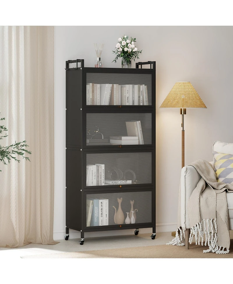 Sugift 5-Tier Kitchen Storage Cabinet with 4 Flip-up Pc Doors Adjustable Feet and Rolling Wheels
