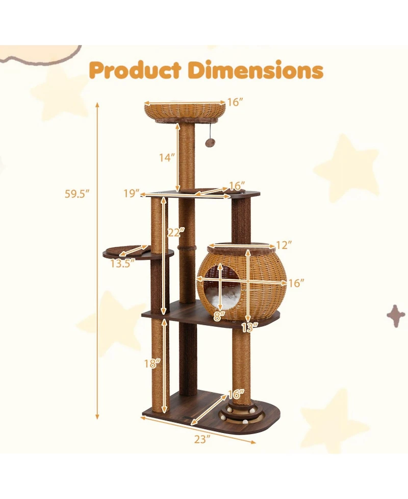 Sugift 59.5 in Multi-Level Cat Tree Tower with Pe Rattan Cat Condo Top Perch and Scratching Posts