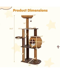 Sugift 59.5 in Multi-Level Cat Tree Tower with Pe Rattan Cat Condo Top Perch and Scratching Posts