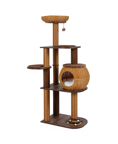 Sugift 59.5 in Multi-Level Cat Tree Tower with Pe Rattan Cat Condo Top Perch and Scratching Posts