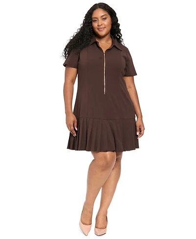 London Times Plus Collared Short-Sleeve Pleated Dress