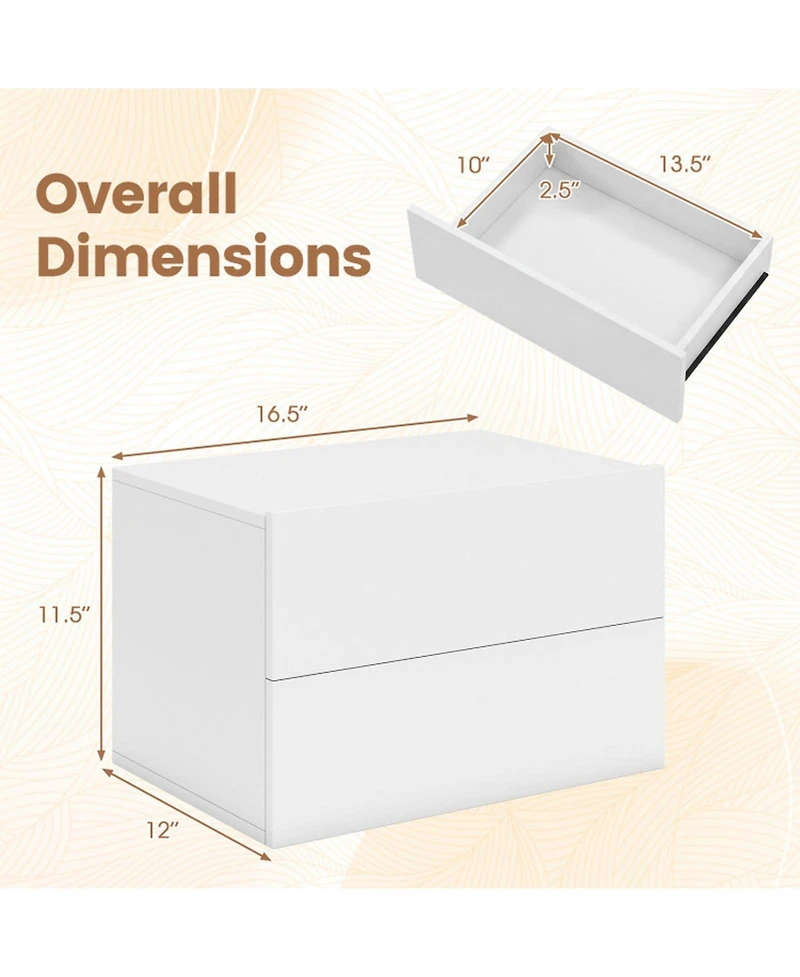 Sugift Wall Mounted Floating Nightstand with 2 Storage Drawers for Bedroom