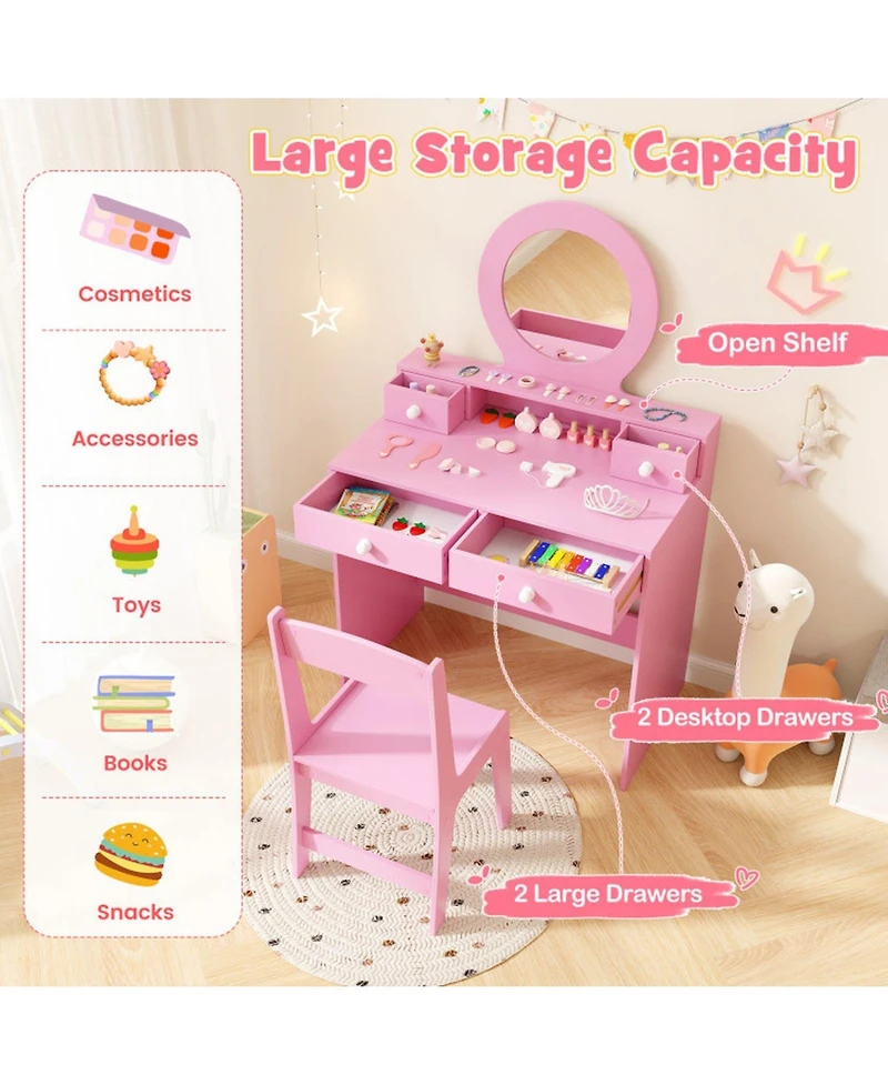 Sugift Kids Princess Vanity Set with Mirror Makeup Dressing Desk and Chair Set