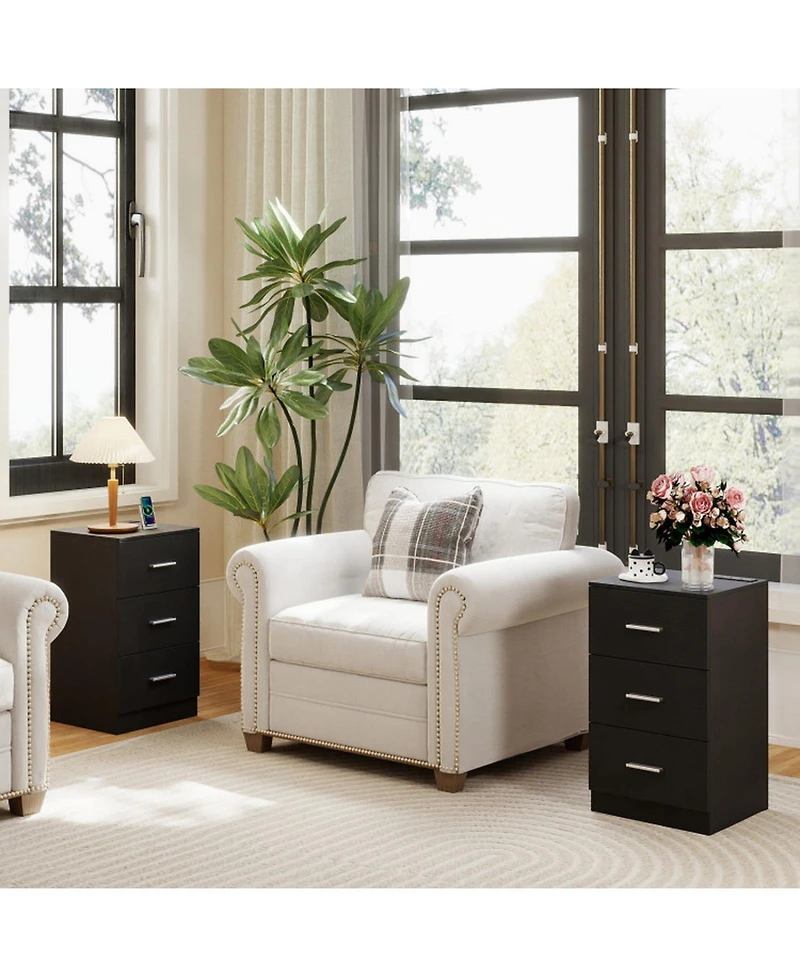 Sugift Nightstand with Charging Station 3-Drawer Bedside End Table for Bedroom