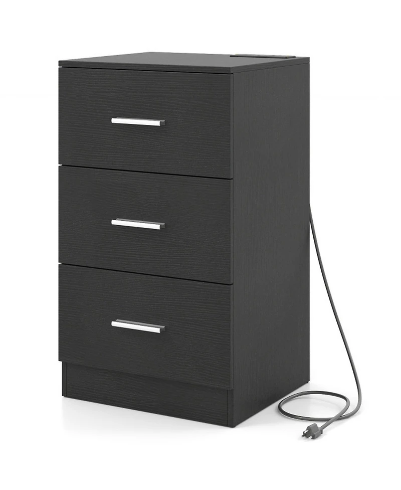 Sugift Nightstand with Charging Station 3-Drawer Bedside End Table for Bedroom