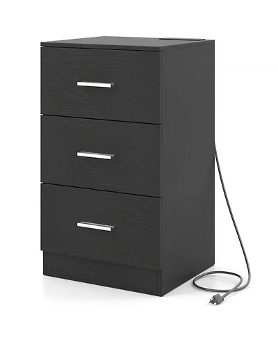 Sugift Nightstand with Charging Station 3-Drawer Bedside End Table for Bedroom
