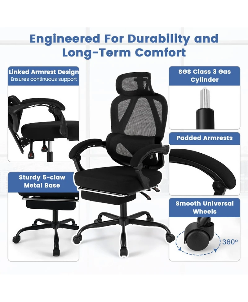 Sugift Ergonomic High Back Mesh Office Chair with Retractable Footrest and Adjustable Headrest