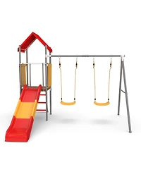 Zeny Metal and Plastic Treehouse Swing Set with Slide, Belt Swings, and Canopy - Safe, Sturdy, and Portable for Kids Ages 3-8