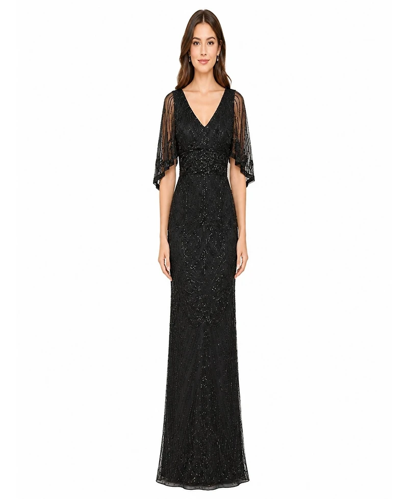 Lara Women's Cape-Sleeve V-Neck Beaded Gown