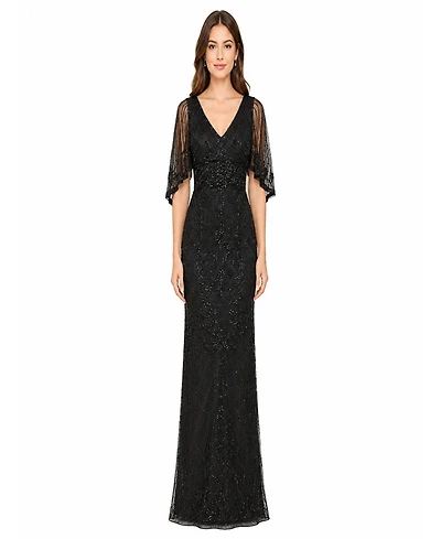 Lara Women's Cape-Sleeve V-Neck Beaded Gown