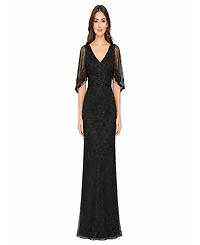 Lara Women's Cape-Sleeve V-Neck Beaded Gown