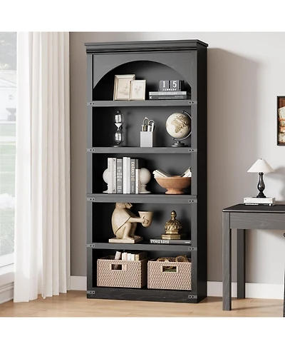 homfan 5-Tier Arched Bookcase – 68.7" Tall Wooden Shelf with Arch Design and Base, Rustic Vintage for Living Room and Office