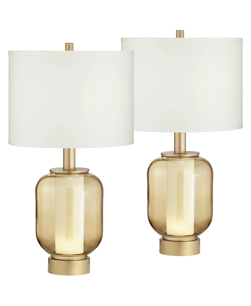 Possini Euro Design Sophia Modern Table Lamps 28" Tall Set of 2 Champagne Glass with Led Nightlight Drum Shade for Bedroom Living Room Home
