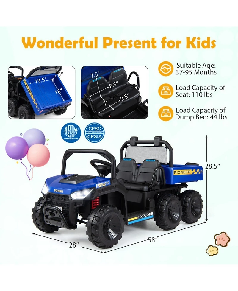 Sugift 24V 2-Seater Kids Ride On Dump Truck 4WD With Electric Dump Bed And Lights