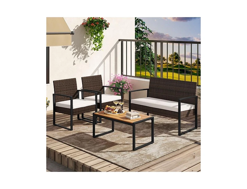 Boyel Living Patio Furniture Set Outdoor Rattan Conversation Set with Cushioned Chairs and Wood Plastic Coffee Table