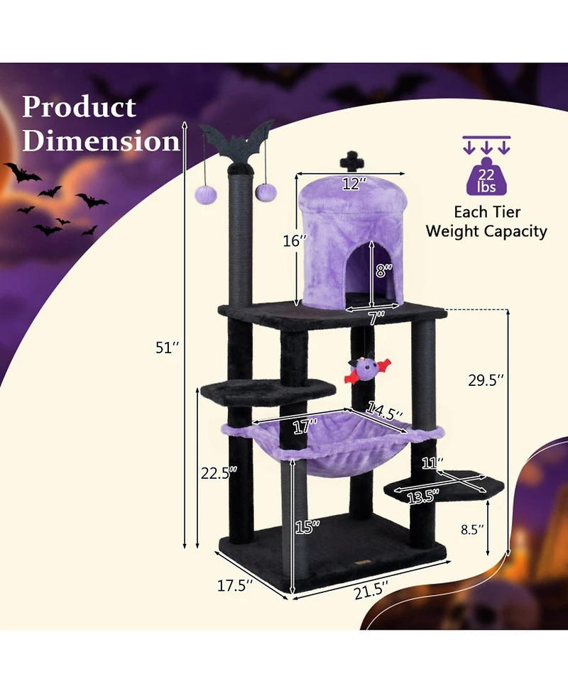 Sugift 51in Gothic Multi-Level Cat Tree with Spider Hanging Toy for Halloween