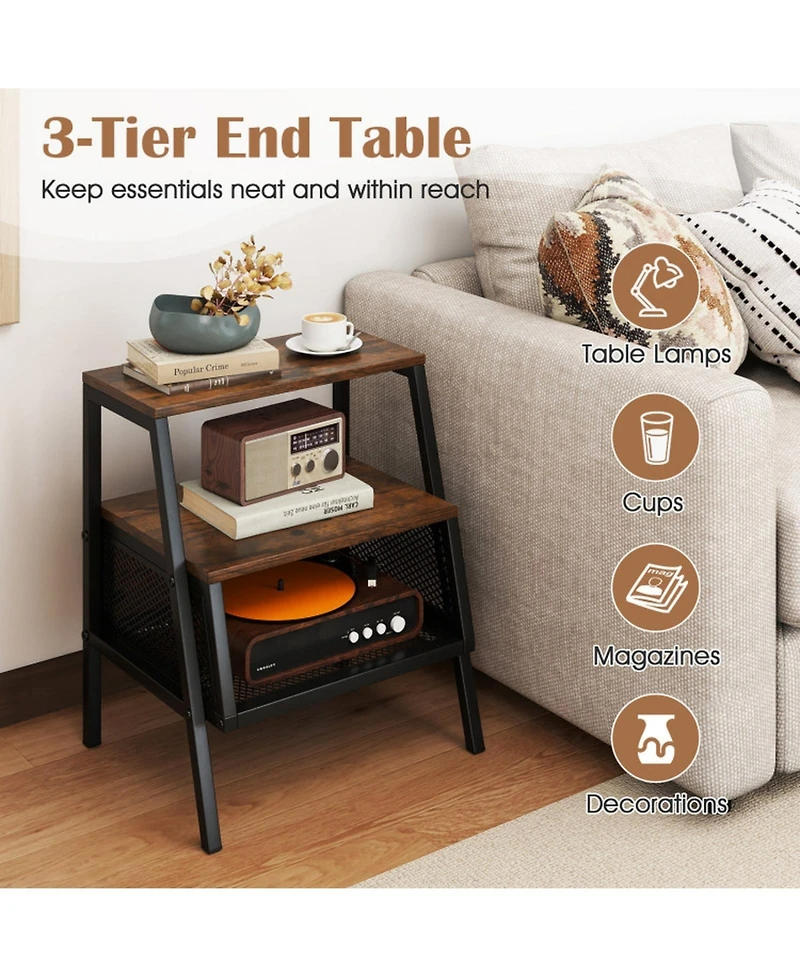 Sugift 3-Tier Industrial Nightstand End Table with 2 Open Shelves and Metal Mesh Compartment