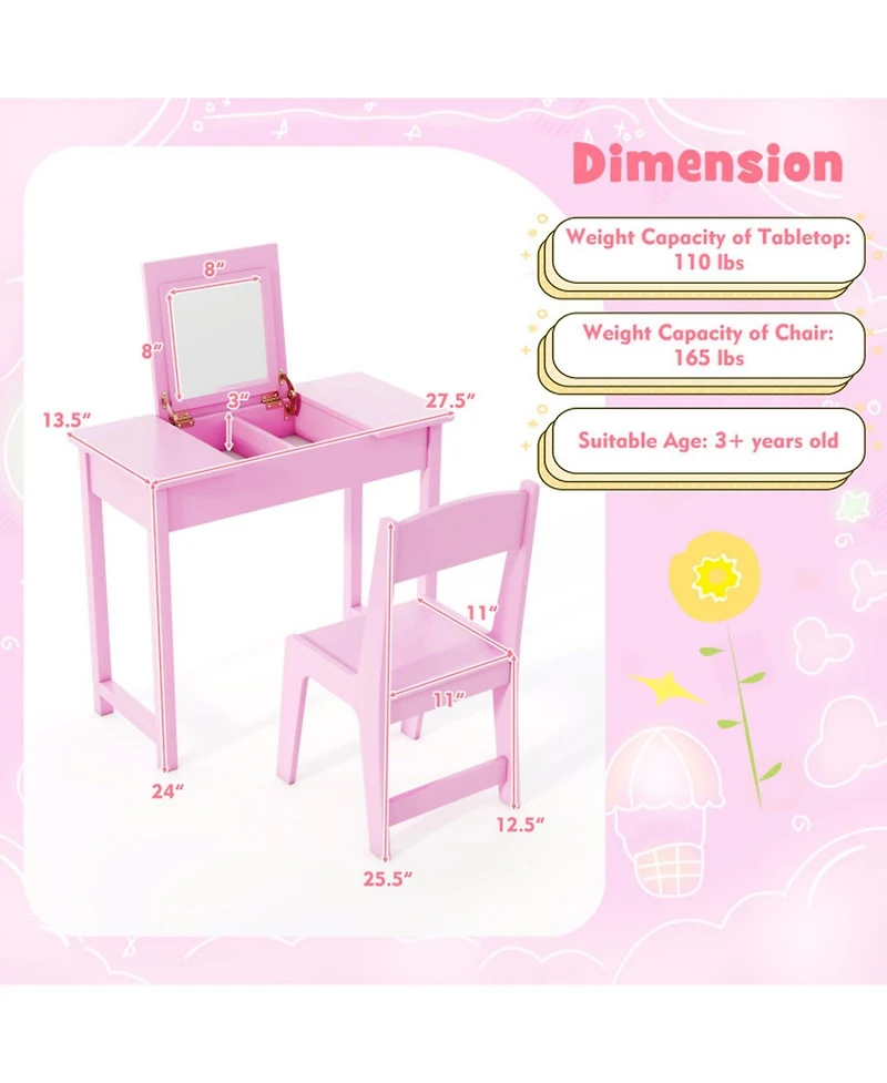 Sugift 2-in-1 Kids Vanity Table and Chair Set with Flip Top Mirror