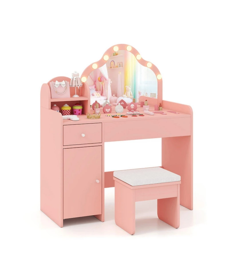 Sugift Kids Vanity Desk with Mirror and Lights Princess Pretend Play Dressing Table