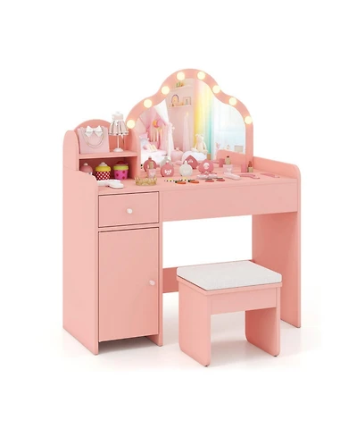 Sugift Kids Vanity Desk with Mirror and Lights Princess Pretend Play Dressing Table